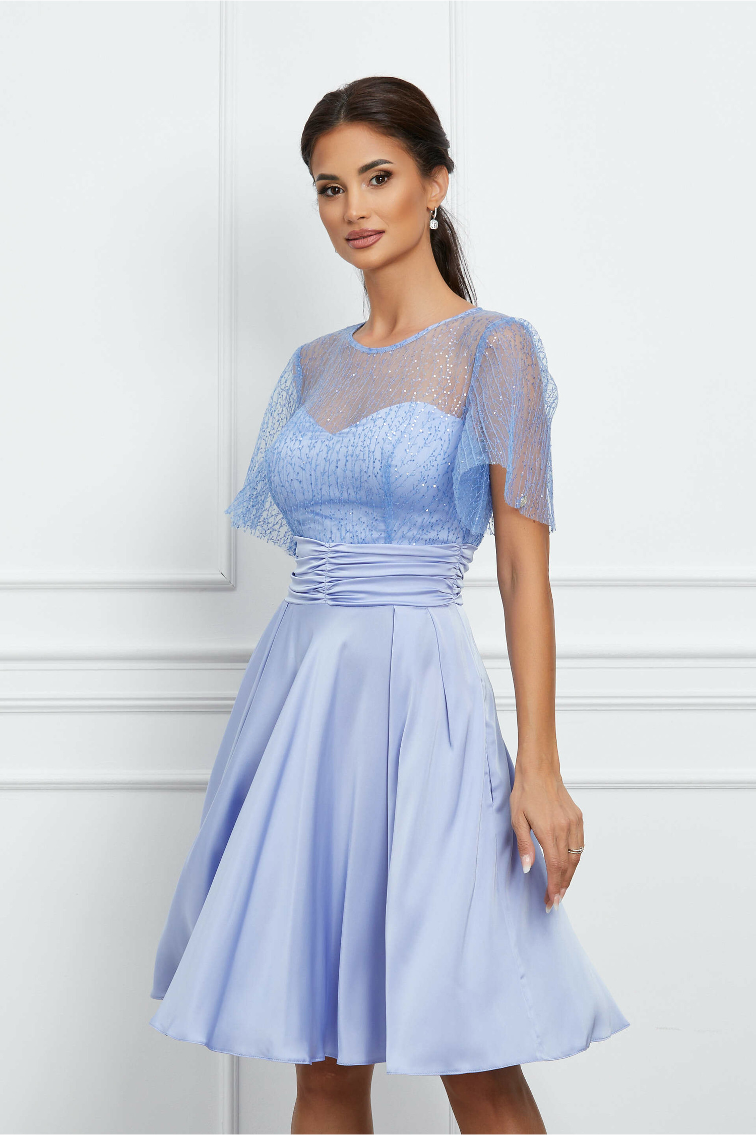 Rochie Dy Fashion Bleu Satin Broderie Eleganta - imagine 1