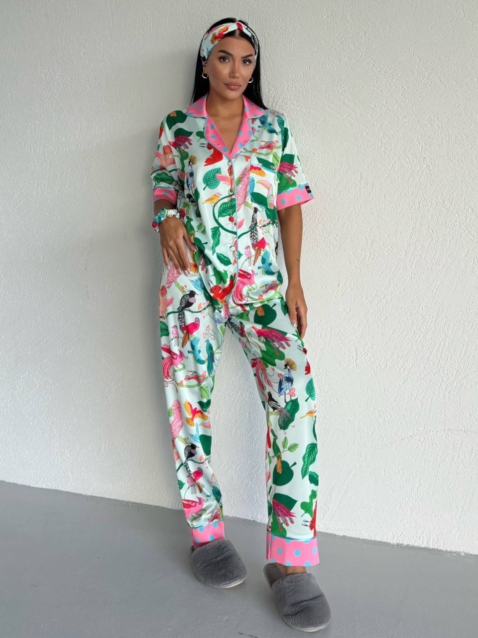 Pijama 2 piese Delis, Satin mat cu nasturi - imagine 5