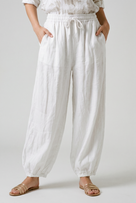 Pantaloni de vara, din in, croi balon, cu elastic la glezna, siret in talie, albi