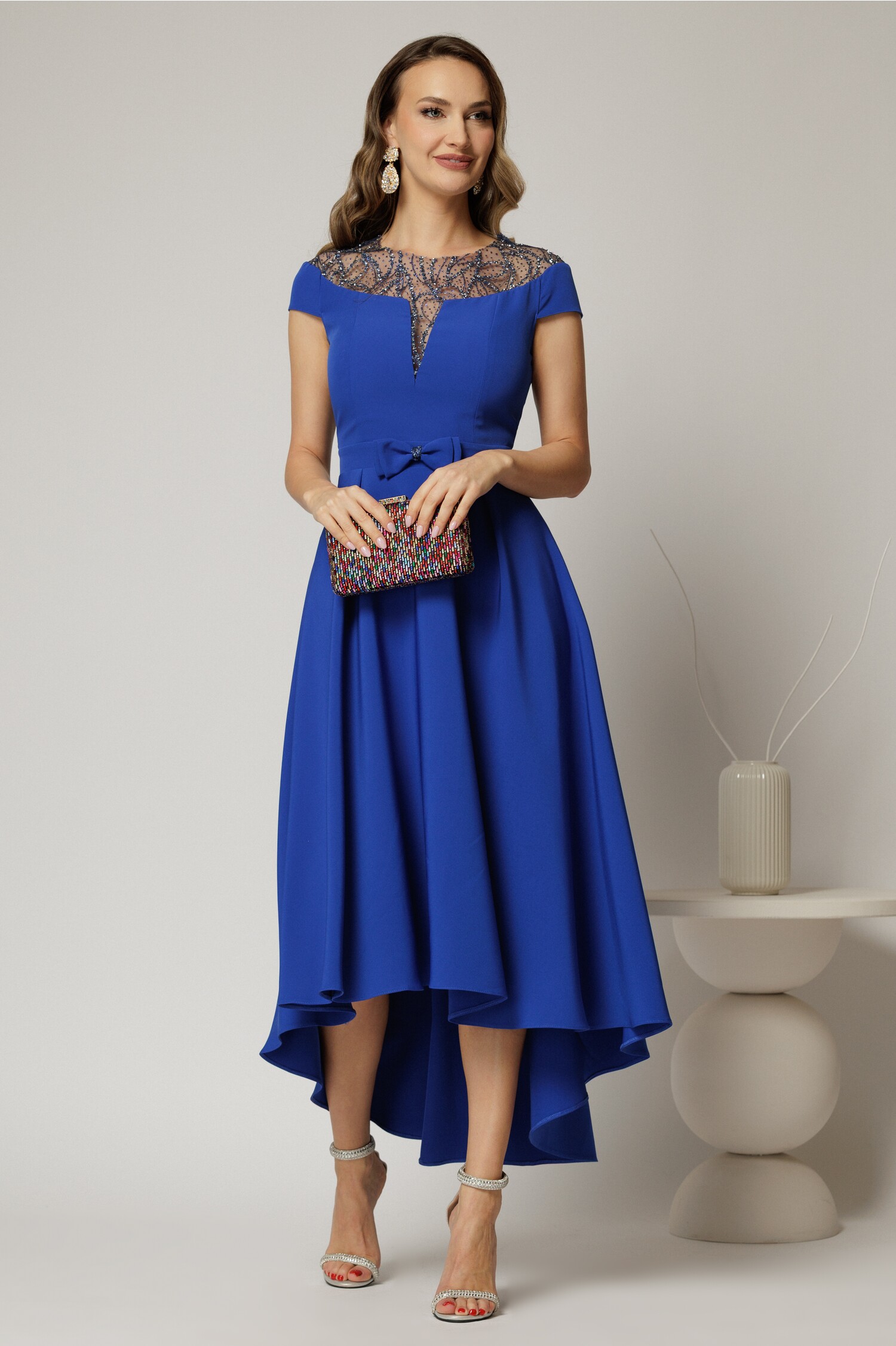 Rochie DY Fashion Albastră Ocazie Asimetrică cu Fundă