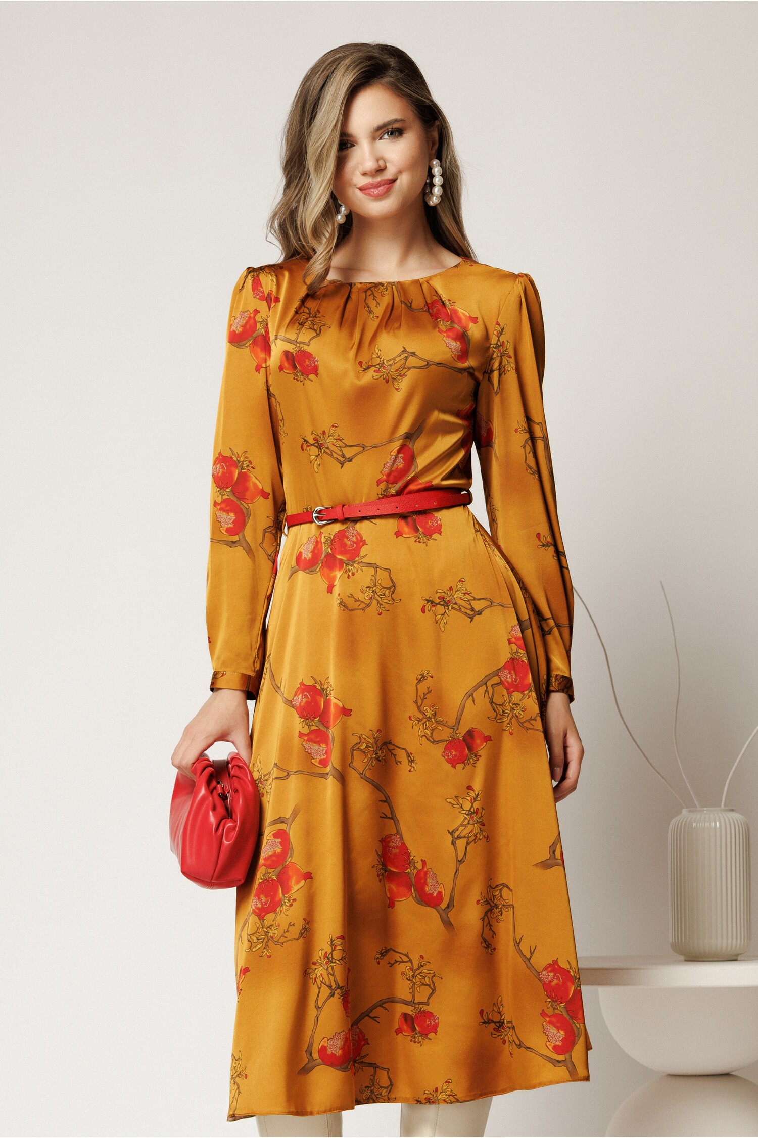 Rochie Eleganta Midi Galben Mustar cu Imprimeu