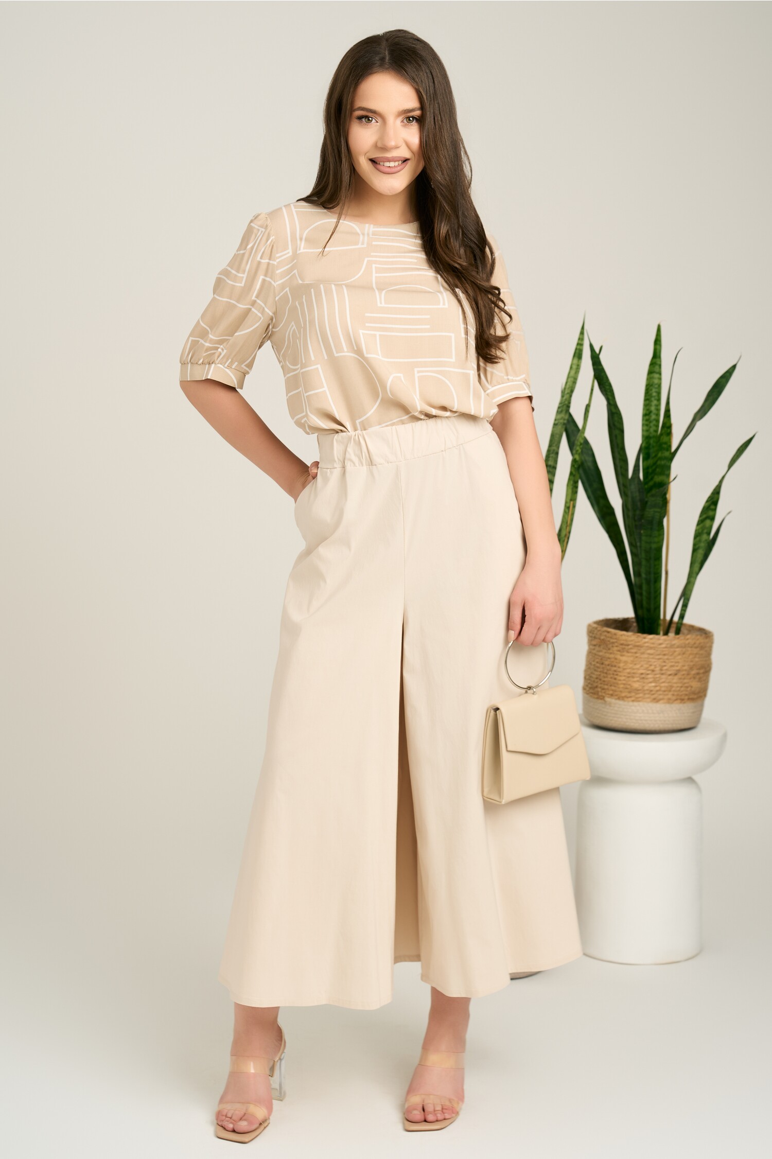 Pantaloni Fustă Bej Viscosă cu Elastic în Talie