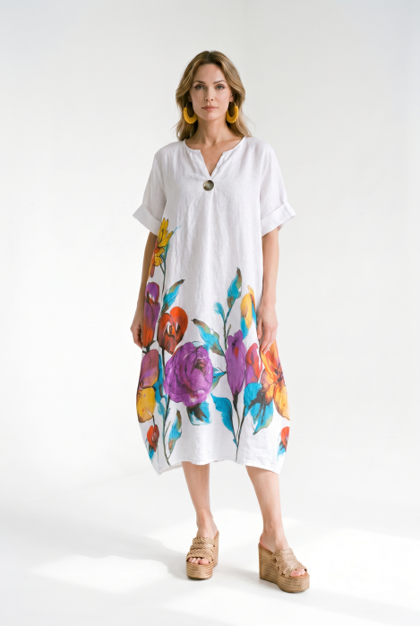Rochie midi din in cu imprimeu floral colorat si croi balon, alba