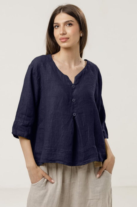 Bluza din in lejera cu nasturi decorativi, bleumarin