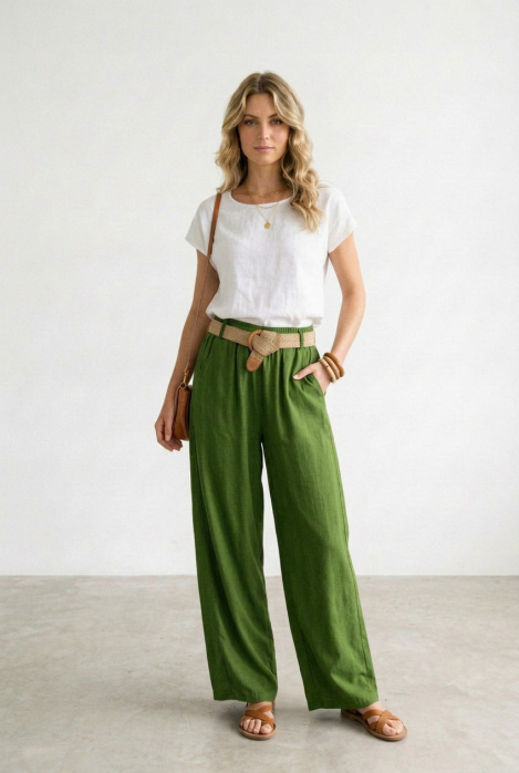 Pantaloni dama lejeri din tencel, cu talie elastica si curea, verde olive