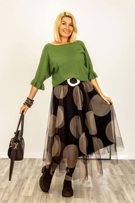 Pulover cu maneci scurte si volane la mansete din vascoza, verde olive
