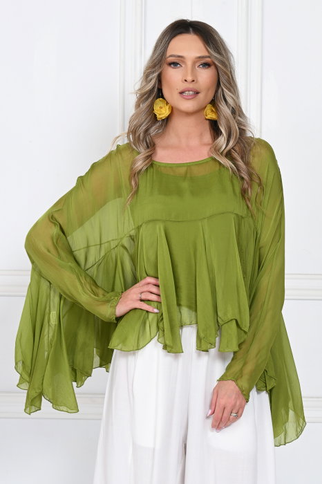 Bluza din matase naturala si vascoza cu volane tip cascada, croi lejer, verde olive