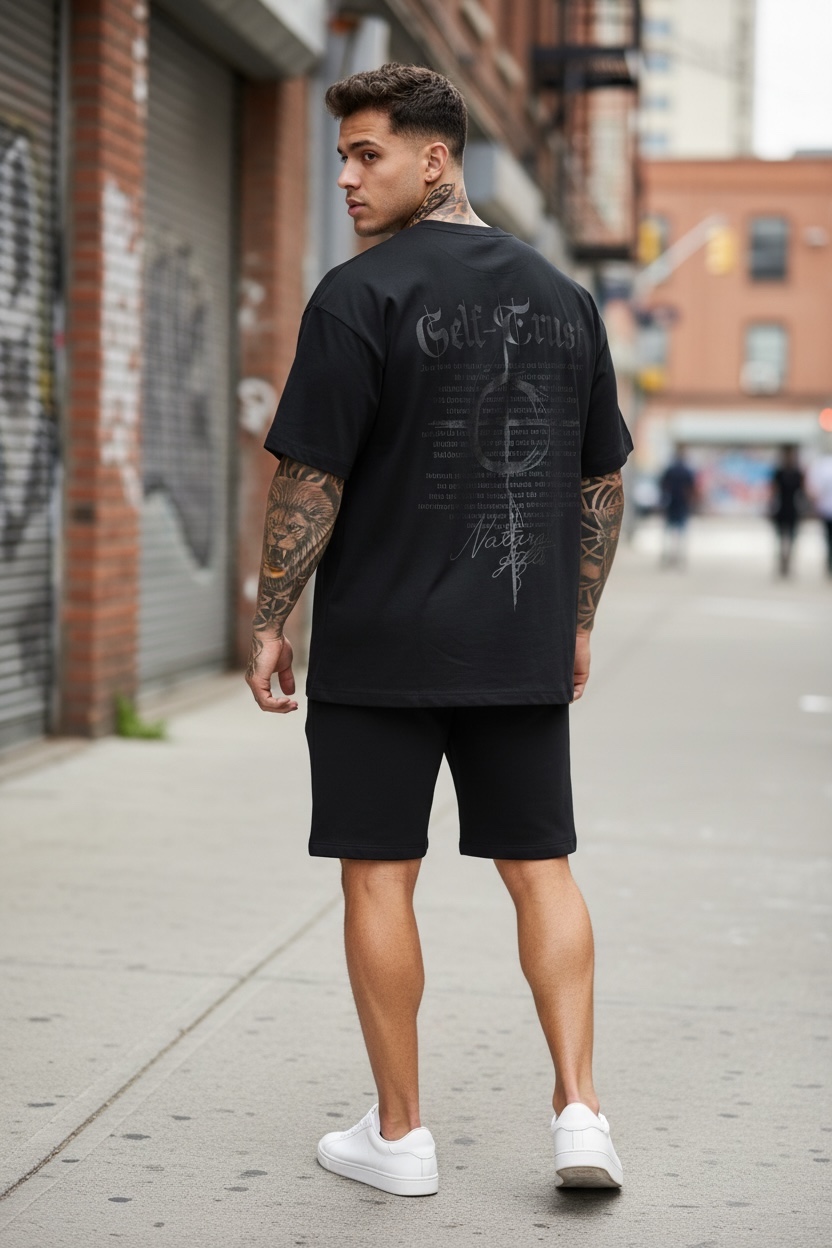 Compleu Vară Tricou și Pantaloni Negru cu Imprimeu