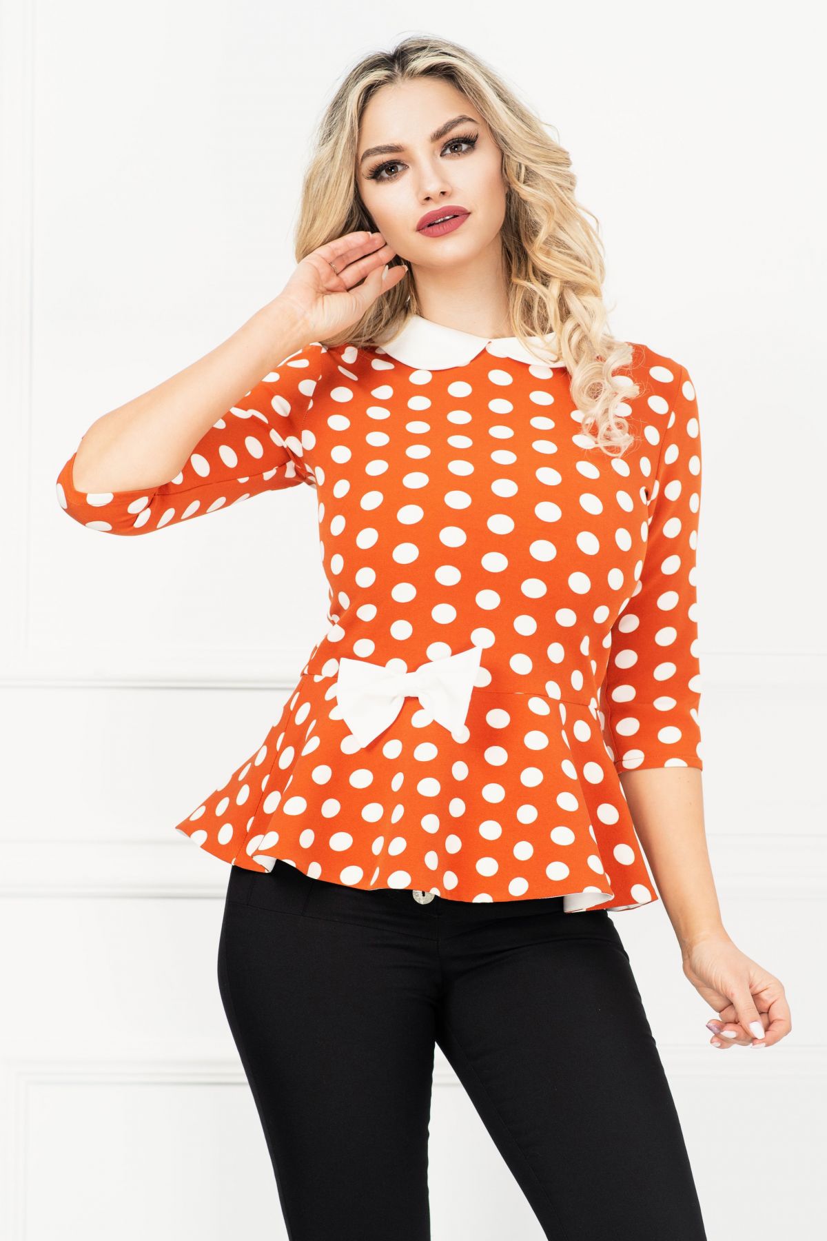 Bluza InPuff Peplum Caramiziu cu Buline