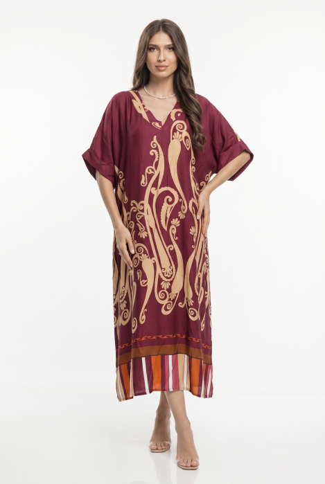 Rochie lunga oversize din vascoza si matase cu imprimeu baroc si croi lejer, bordo