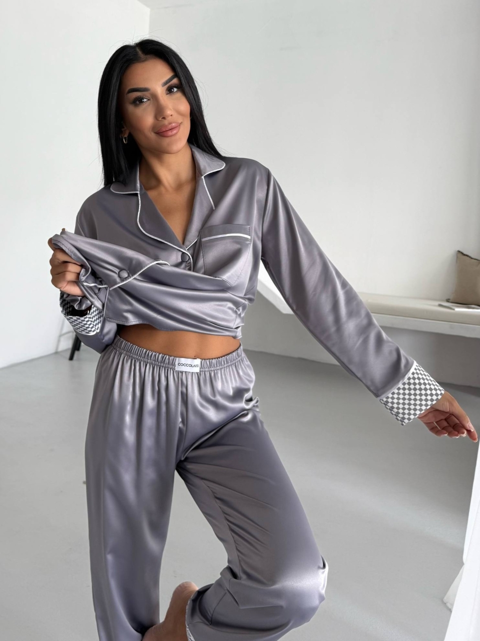 Set Pijama Dama 2 Buc Delis Gri cu Nasturi - imagine 5