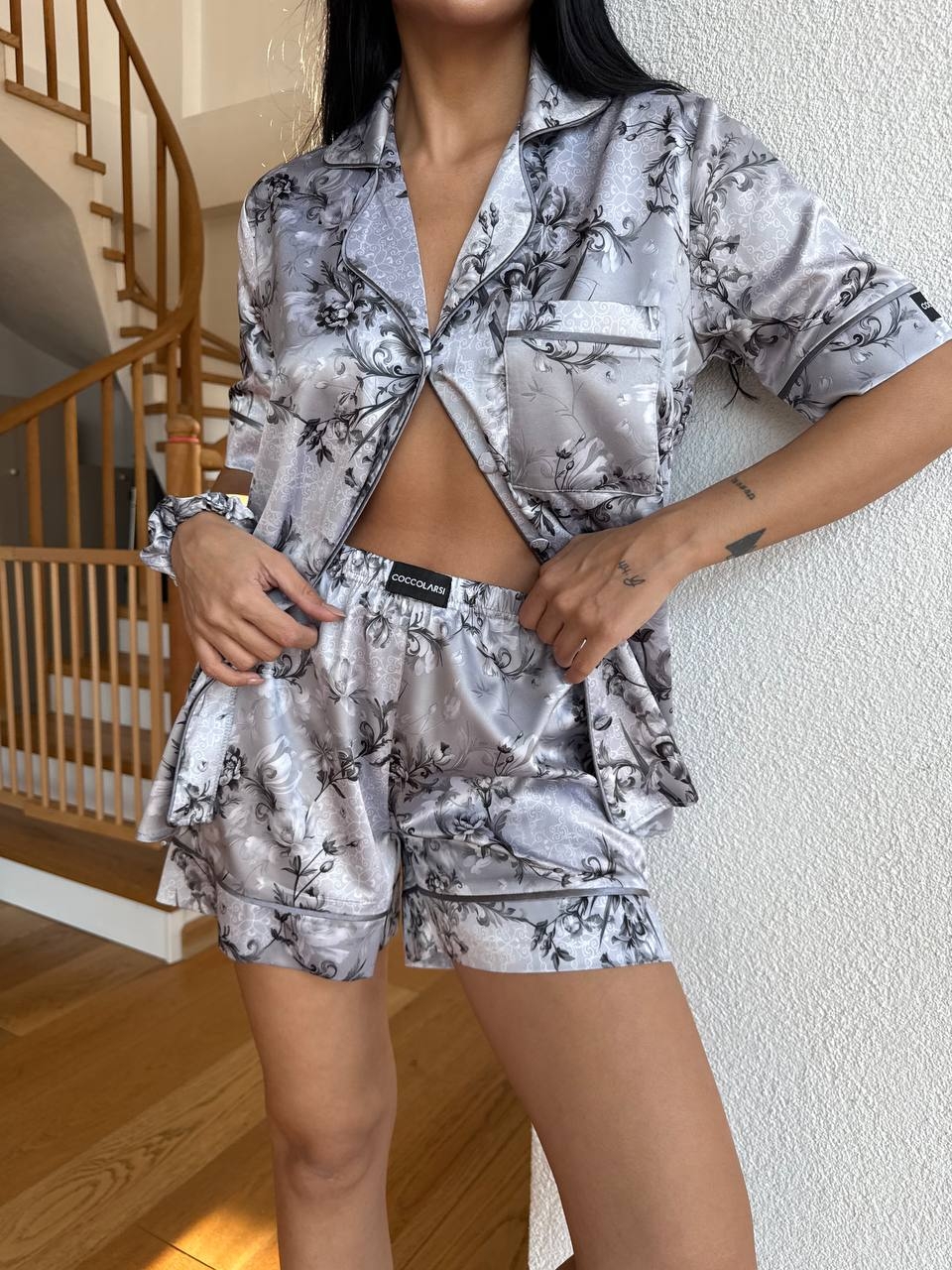 Set Pijama Dama Delis Satin Silver Garden - imagine 6