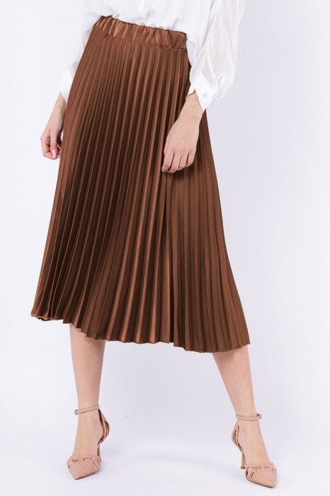 Fusta Satinata Plisata Camel Shopika | Eleganta Midi