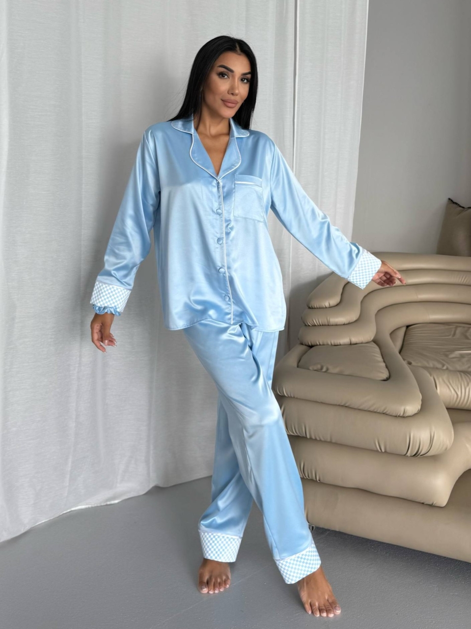 Set Pijama Dama 2 Piese Delis Albastru Satin Mat
