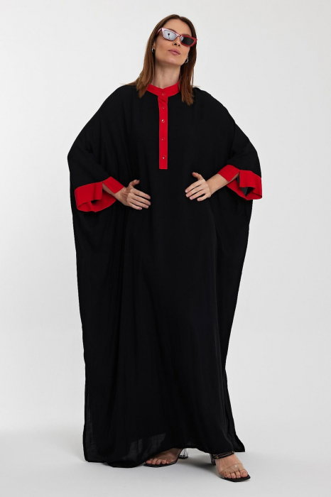Rochie Oversize Vâscoză Roșu-Negru | Broderie Decorativă