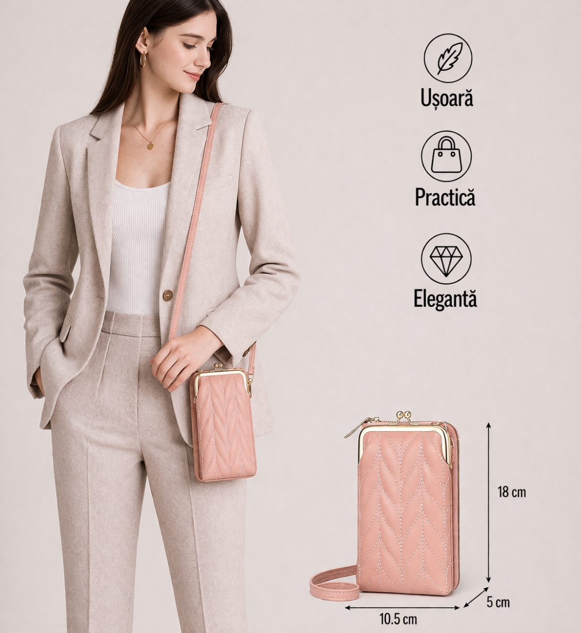 Portofel Geantă Pfy Giulia PT936 Peach Transformabil - imagine 11