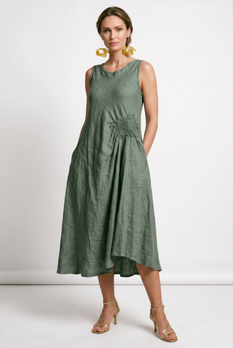 Rochie midi, asimetrica, din in, cu croiala ampla A-line si detaliu drapat, kaki