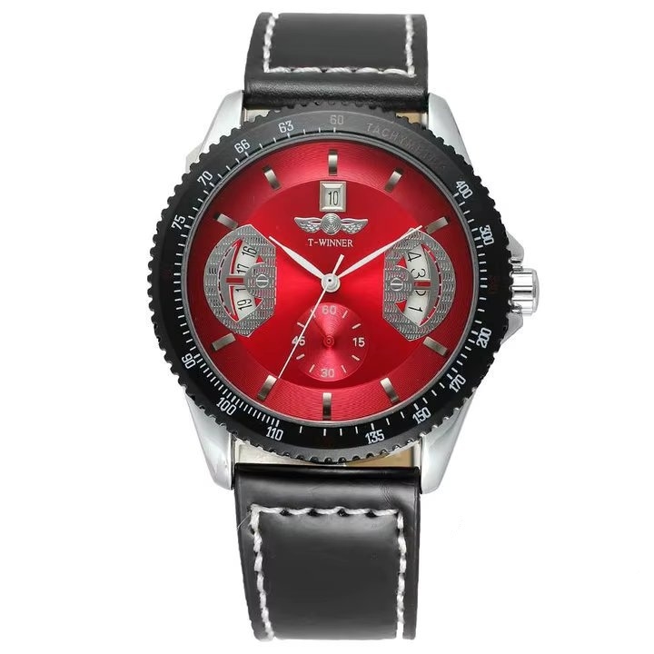 Ceas Barbatesc Winner Automatic, Cadran Rosu, Piele