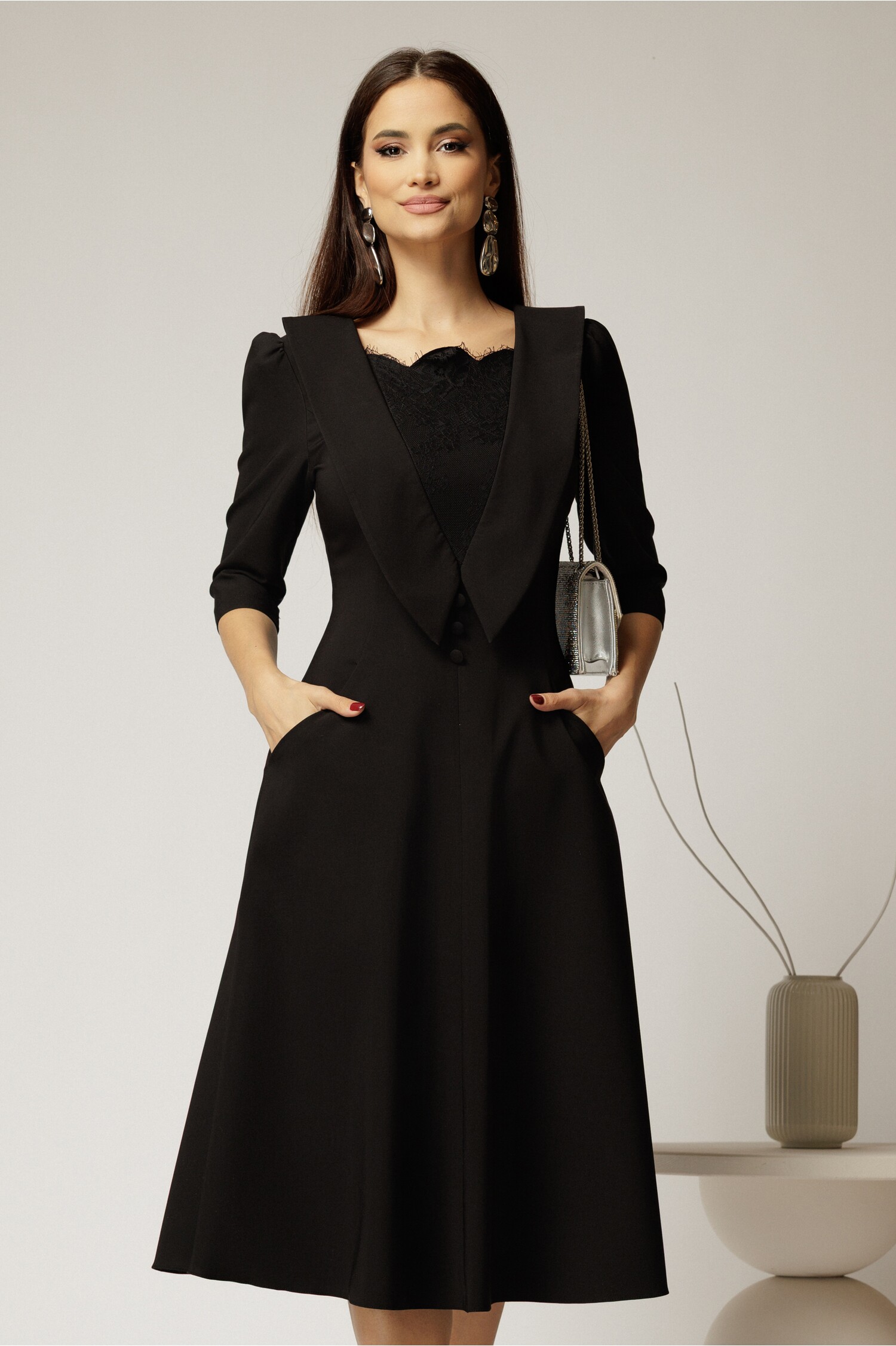Rochie Neagra Midi Ocazie cu Dantela si Buzunare