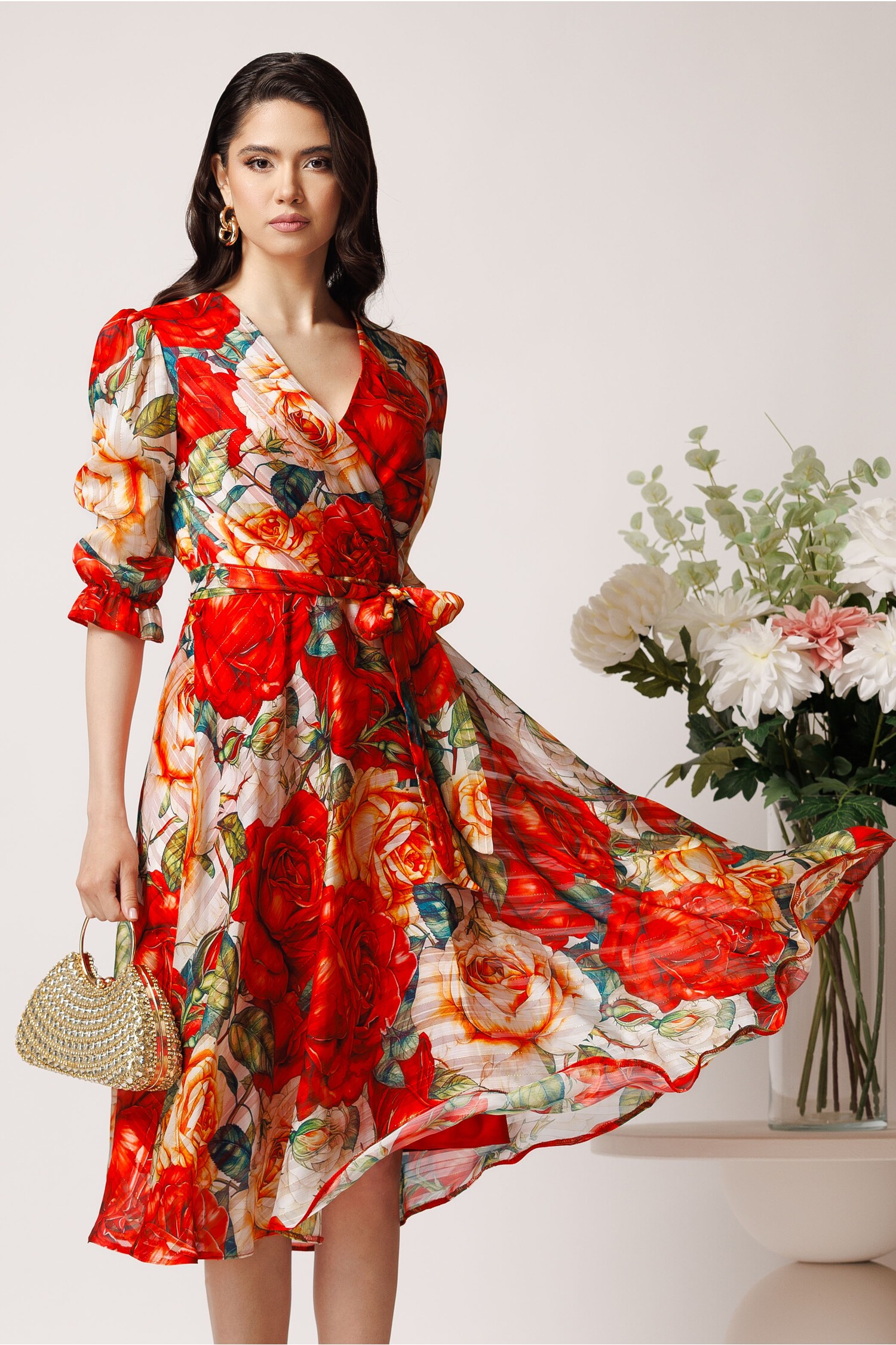 Rochie Midi Rosie Voal cu Cordon Talie