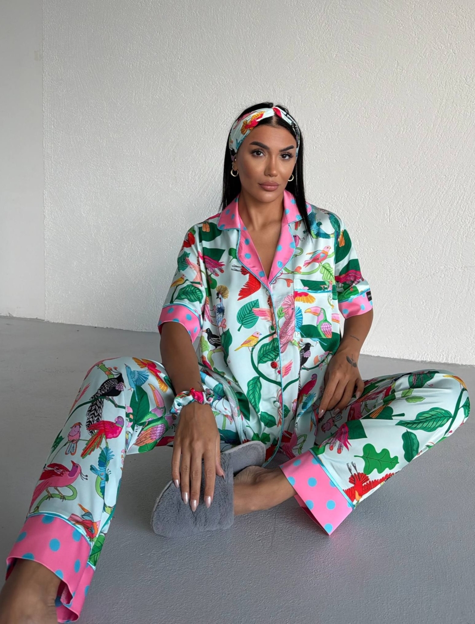 Pijama 2 piese Delis, Satin mat cu nasturi