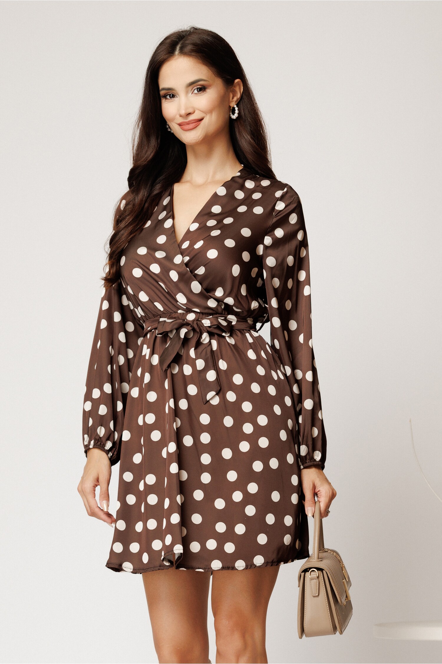 Rochie Eleganta Satin cu Buline Maro