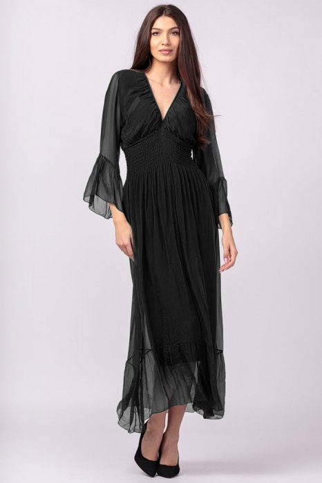 Rochie neagra matase Shopika cu volane