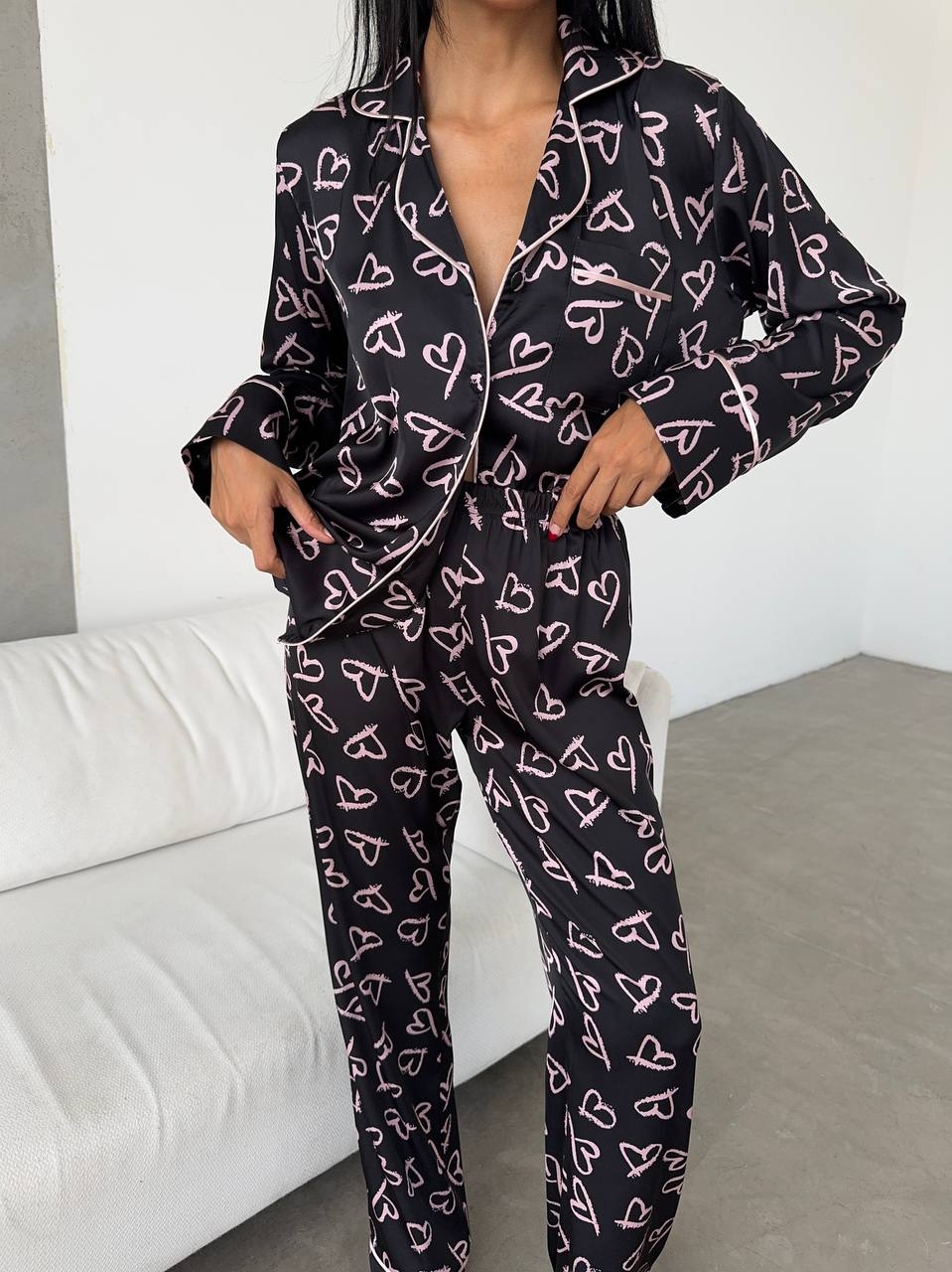 Set Pijama Delis Nasturi Satin Mat Negru - imagine 7