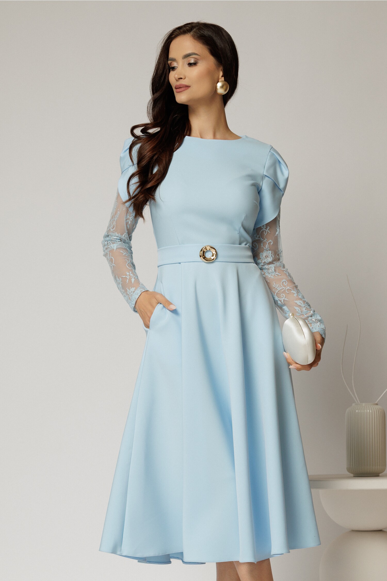 Rochie Midi Bleu cu Dantelă și Cordon Detașabil
