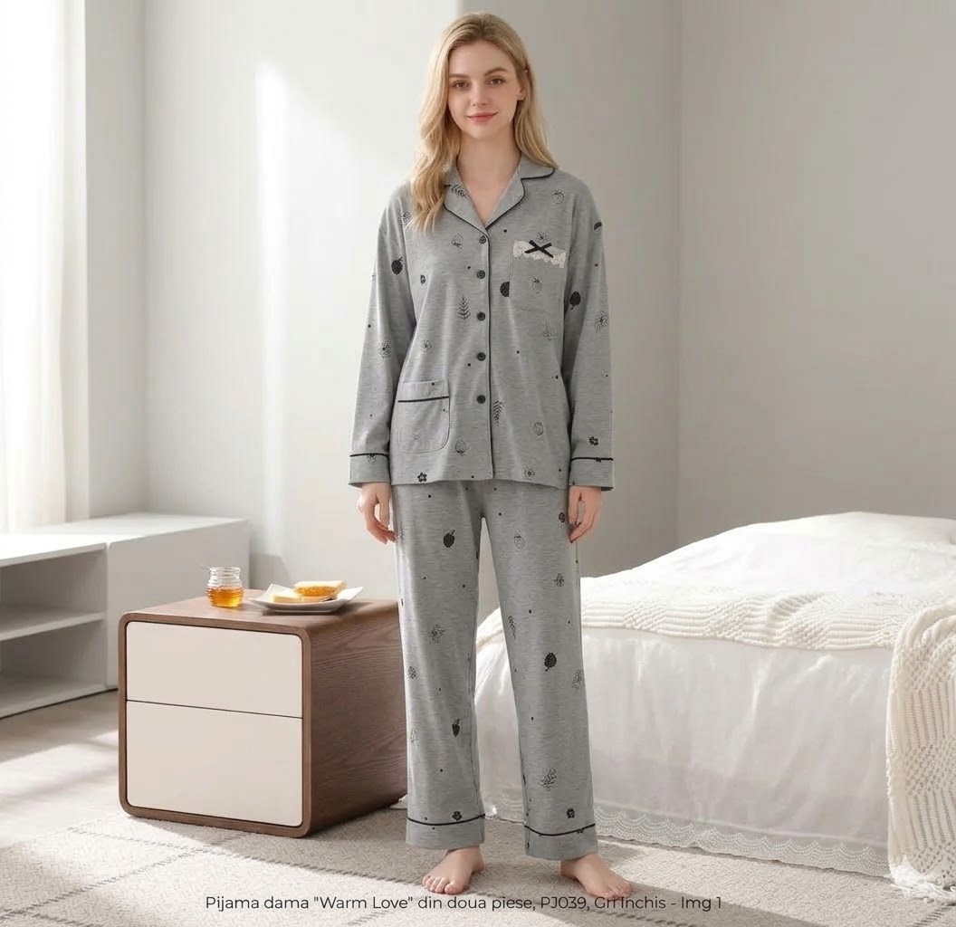 Pijama Dama 2 Bucati 'Warm Love' Gri Inchis | Delis - imagine 2