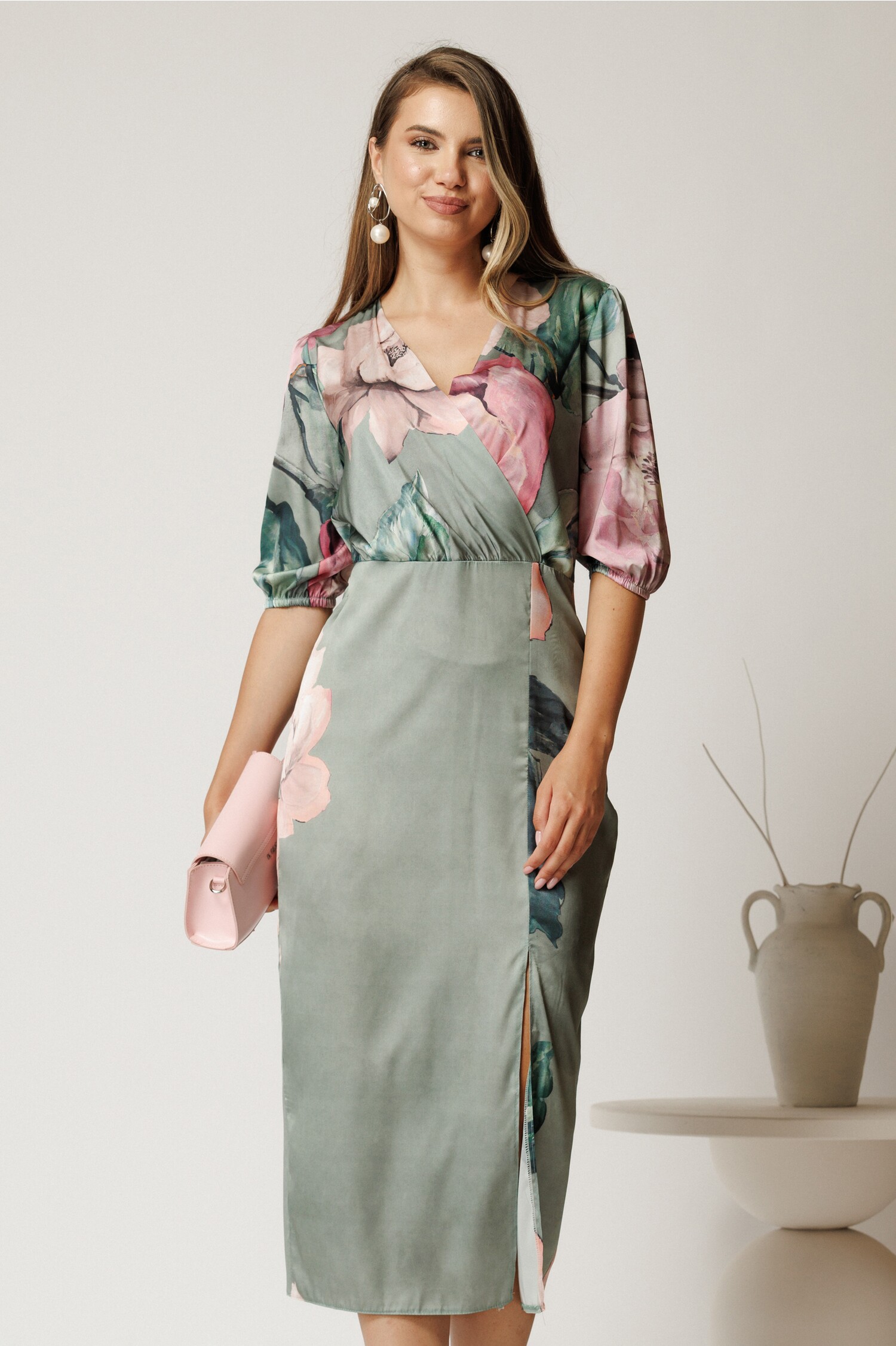 Rochie Midi Satin Verde Mint cu Imprimeu Floral - imagine 1