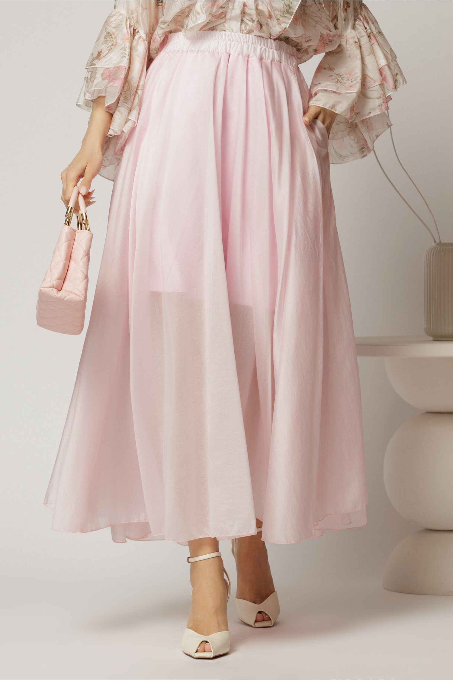 Fusta Midi Roz Tencel Elegantă cu Talie Elastică
