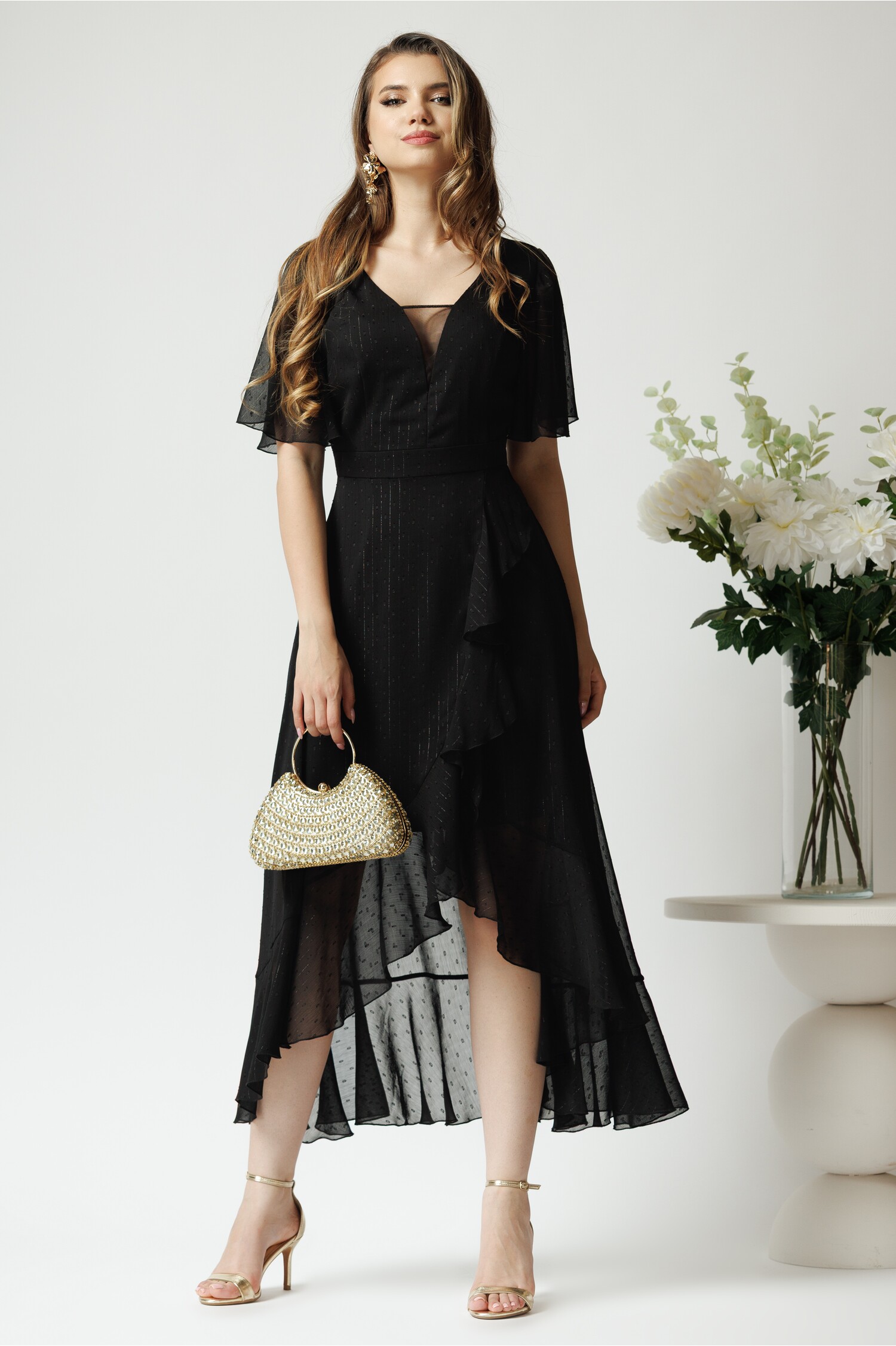 Rochie Neagra Eleganta din Voal cu Lurex