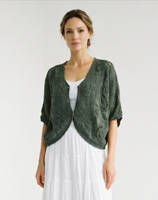 Cardigan Bumbac Brodat Kaki Shopika Boho