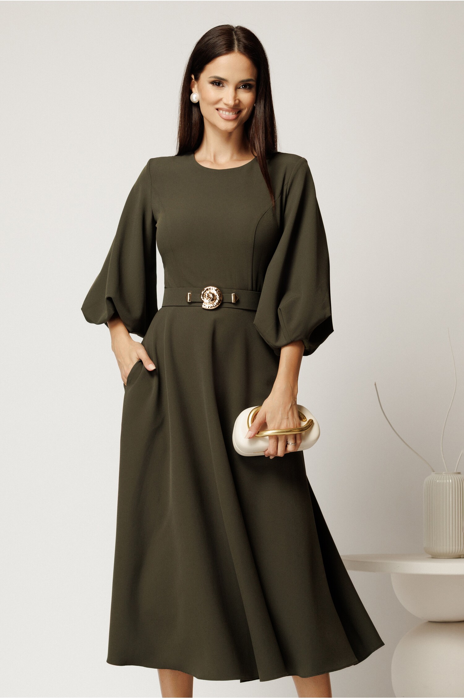 Rochie Midi Kaki Eleganta cu Maneci Bufante