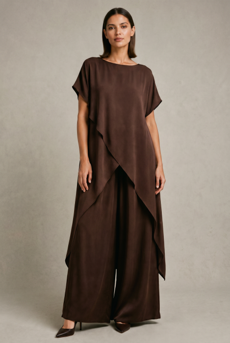Compleu dama elegant din vascoza cu tunica asimetrica si pantaloni palazzo, maro