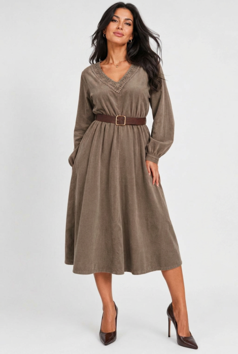 Rochie midi din catifea reiata de bumbac cu dantela si curea, bej inchis