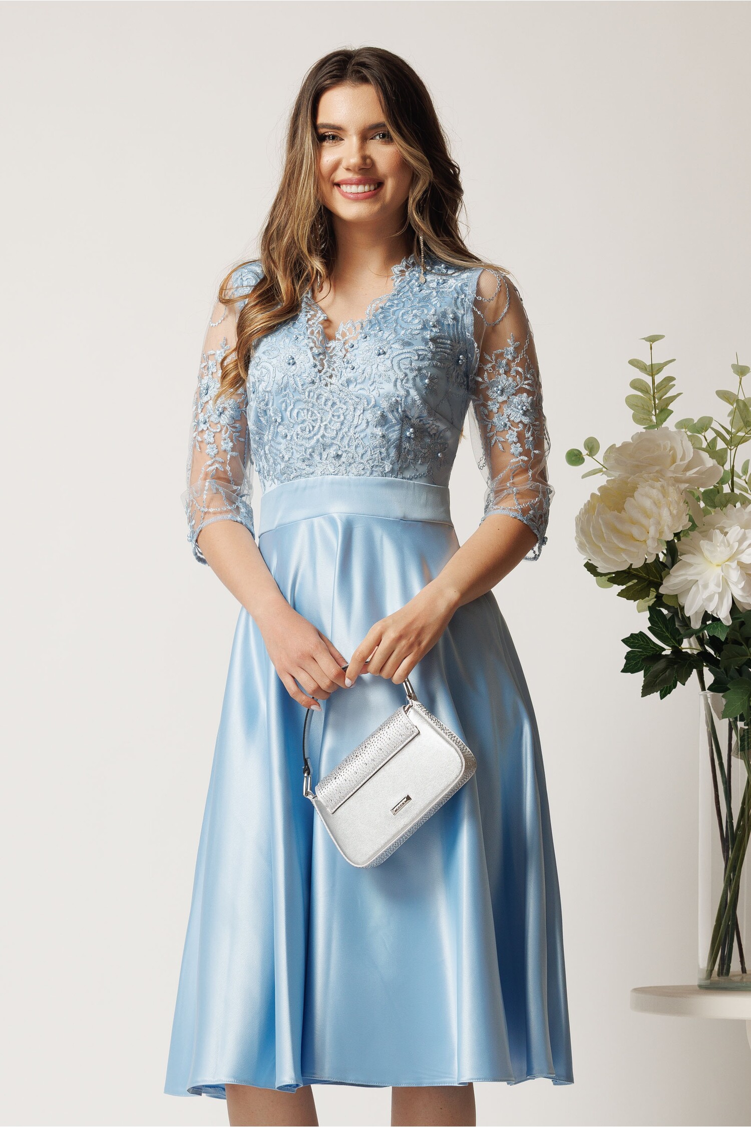 Rochie Midi Bleu Tafta cu Dantela | Ella Collection - imagine 1