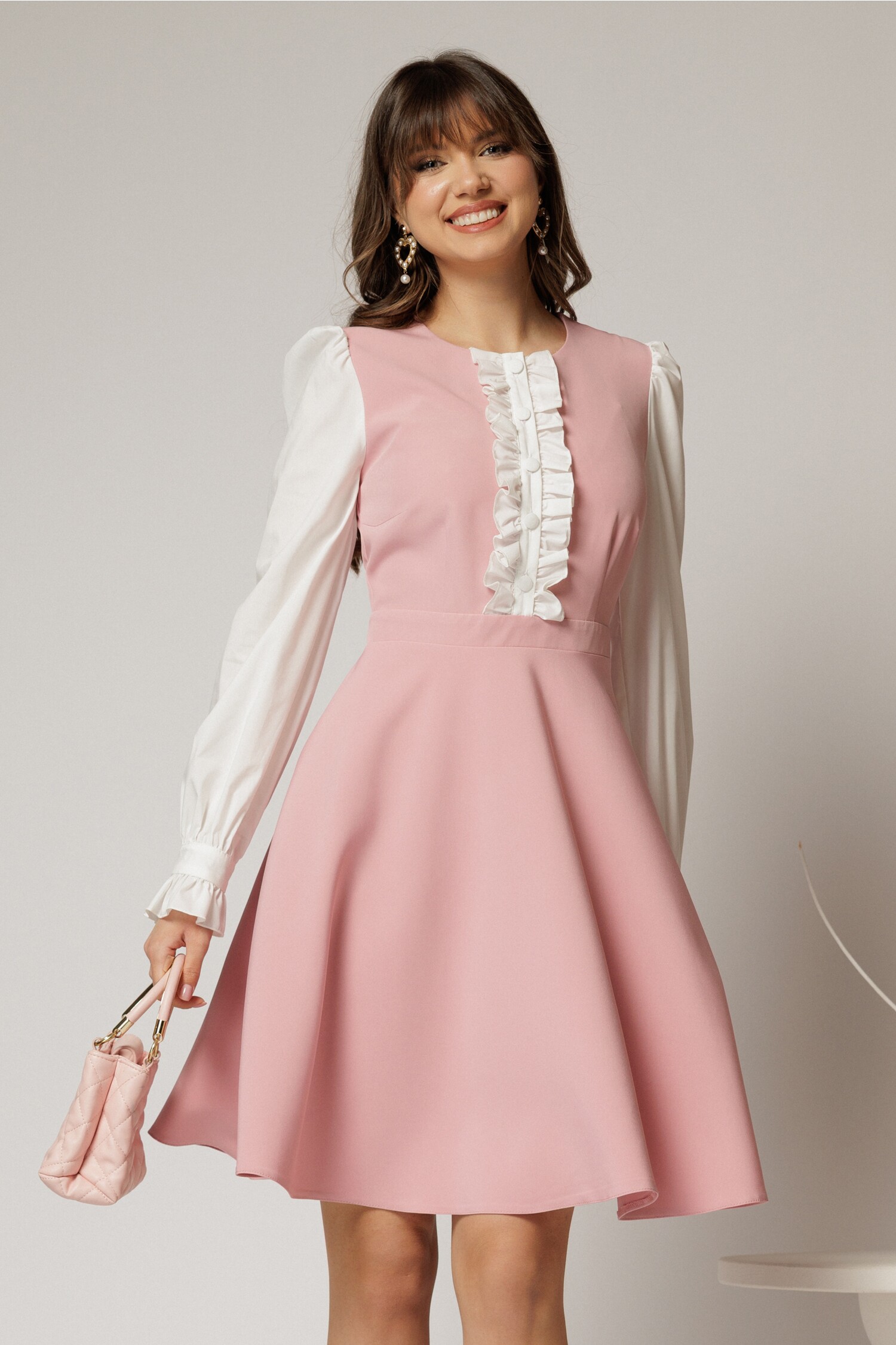 Rochie Scurta Roz Poplin cu Maneci Lungi