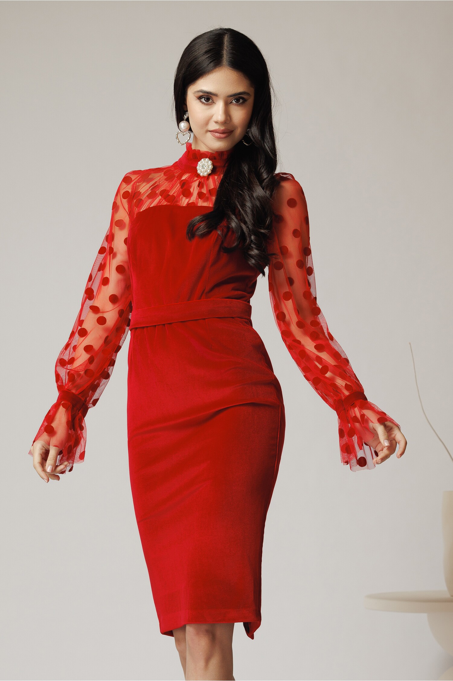 Rochie Catifea Rosie Eleganta cu Buline