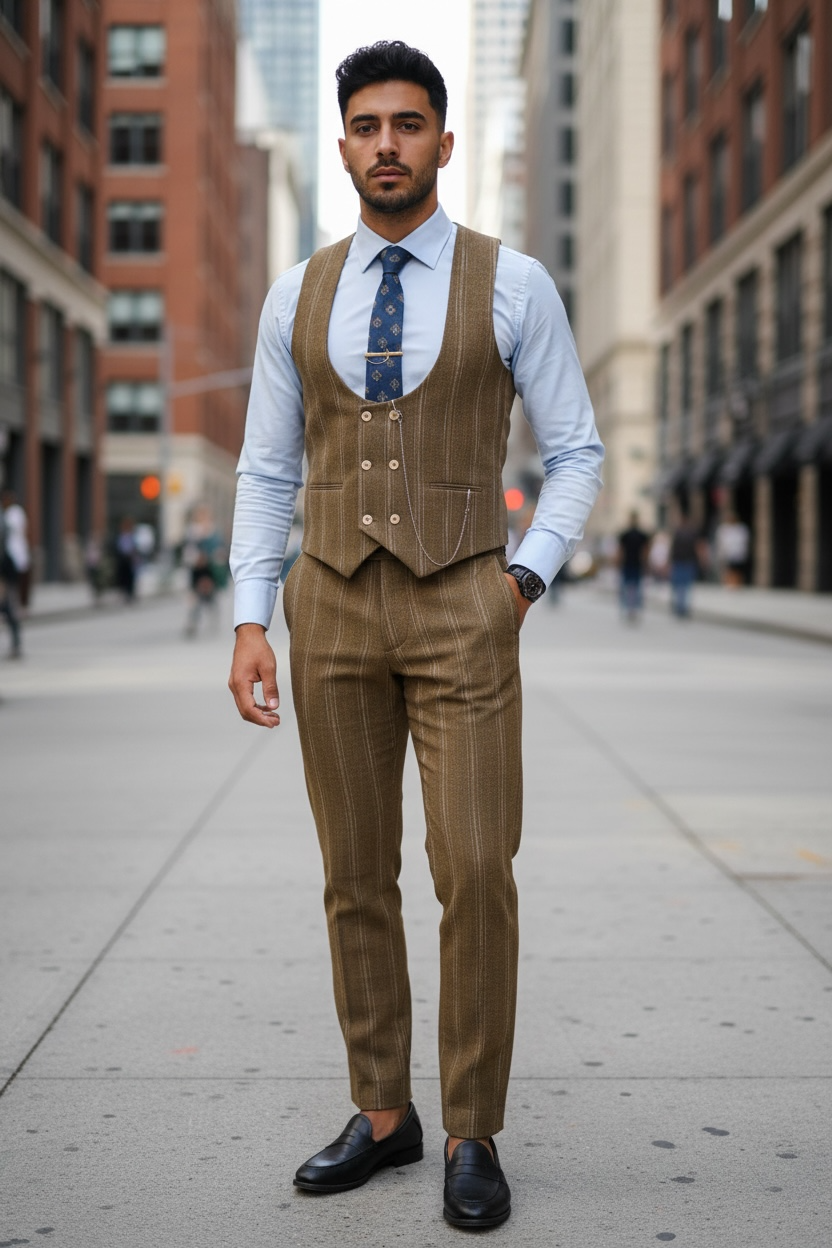 Compleu Elegant Barbati Vesta si Pantaloni Mustar - imagine 2