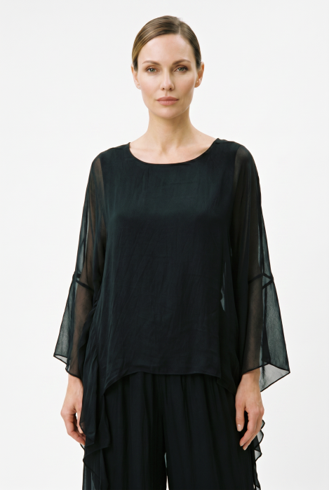 Bluza dama din matase si vascoza cu colturi fluide si maneci fluture, neagra