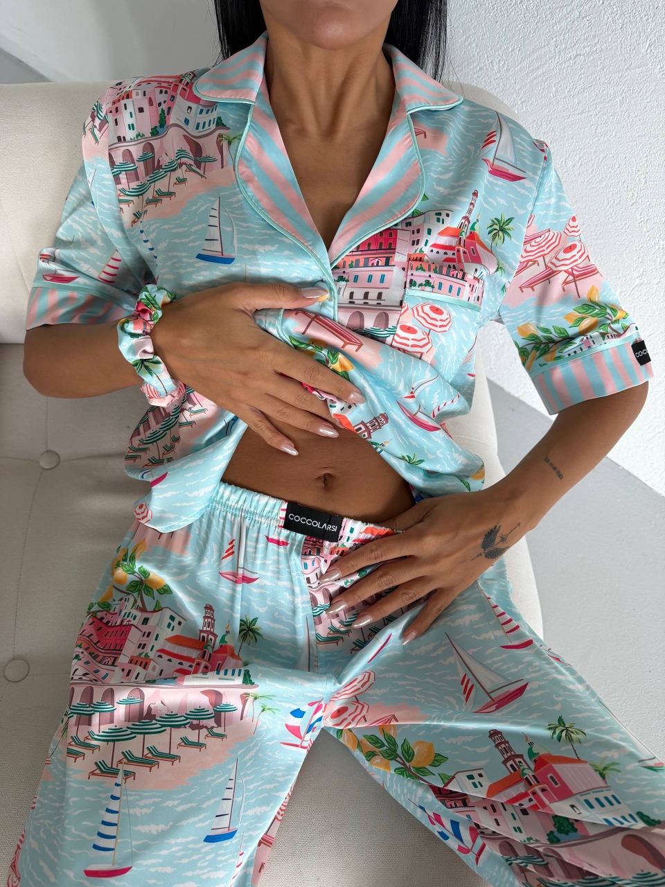 Set Pijama Dama 2 Piese Delis, Satin Mat cu Nasturi - imagine 6