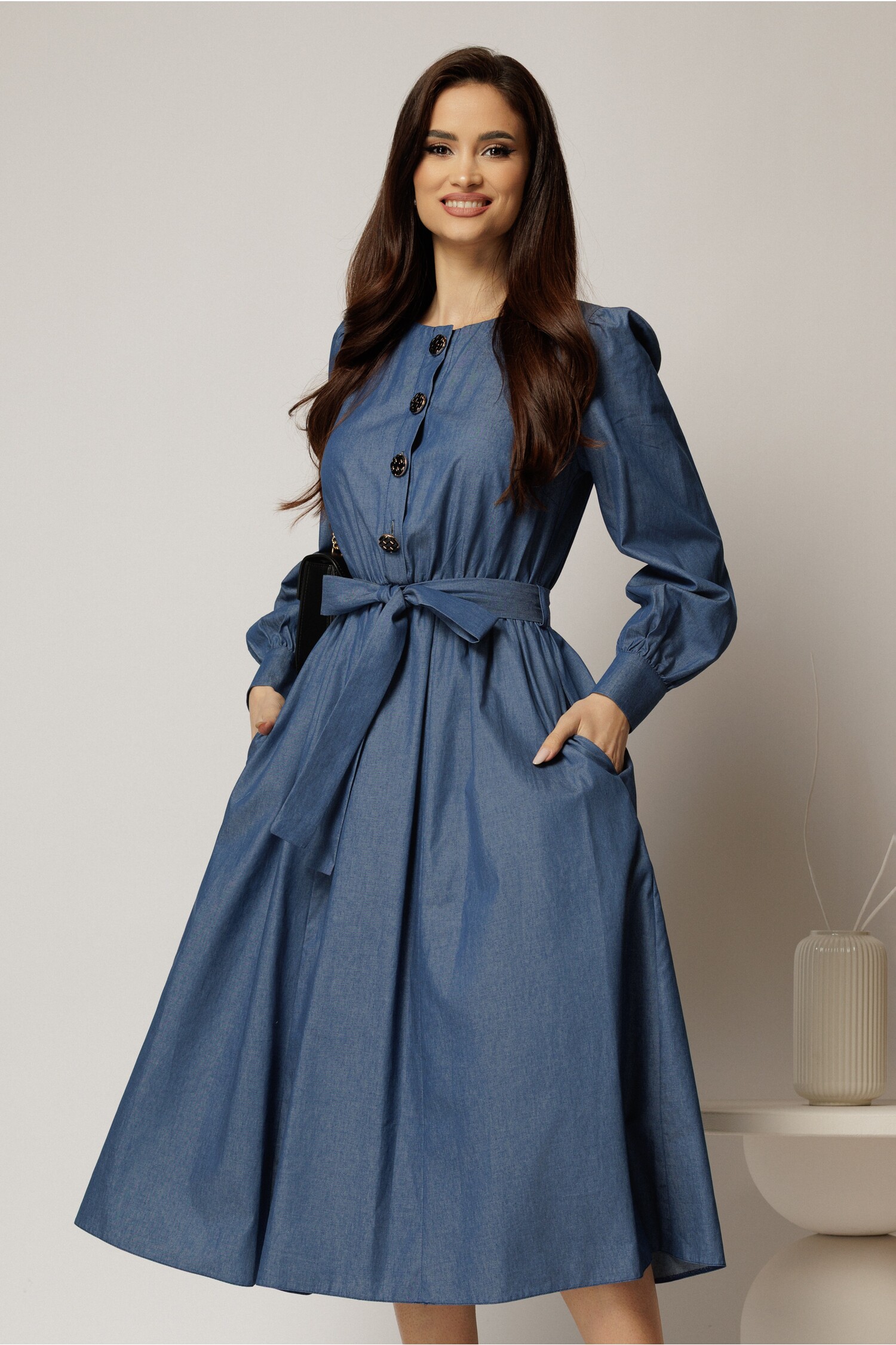 Rochie DY Fashion Bumbac Bleumarin cu Nasturi și Cordon