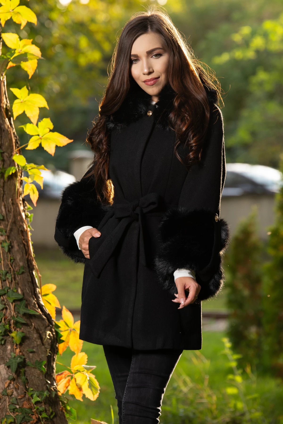 Palton Patricia Negru Elegant cu Blana Ecologica