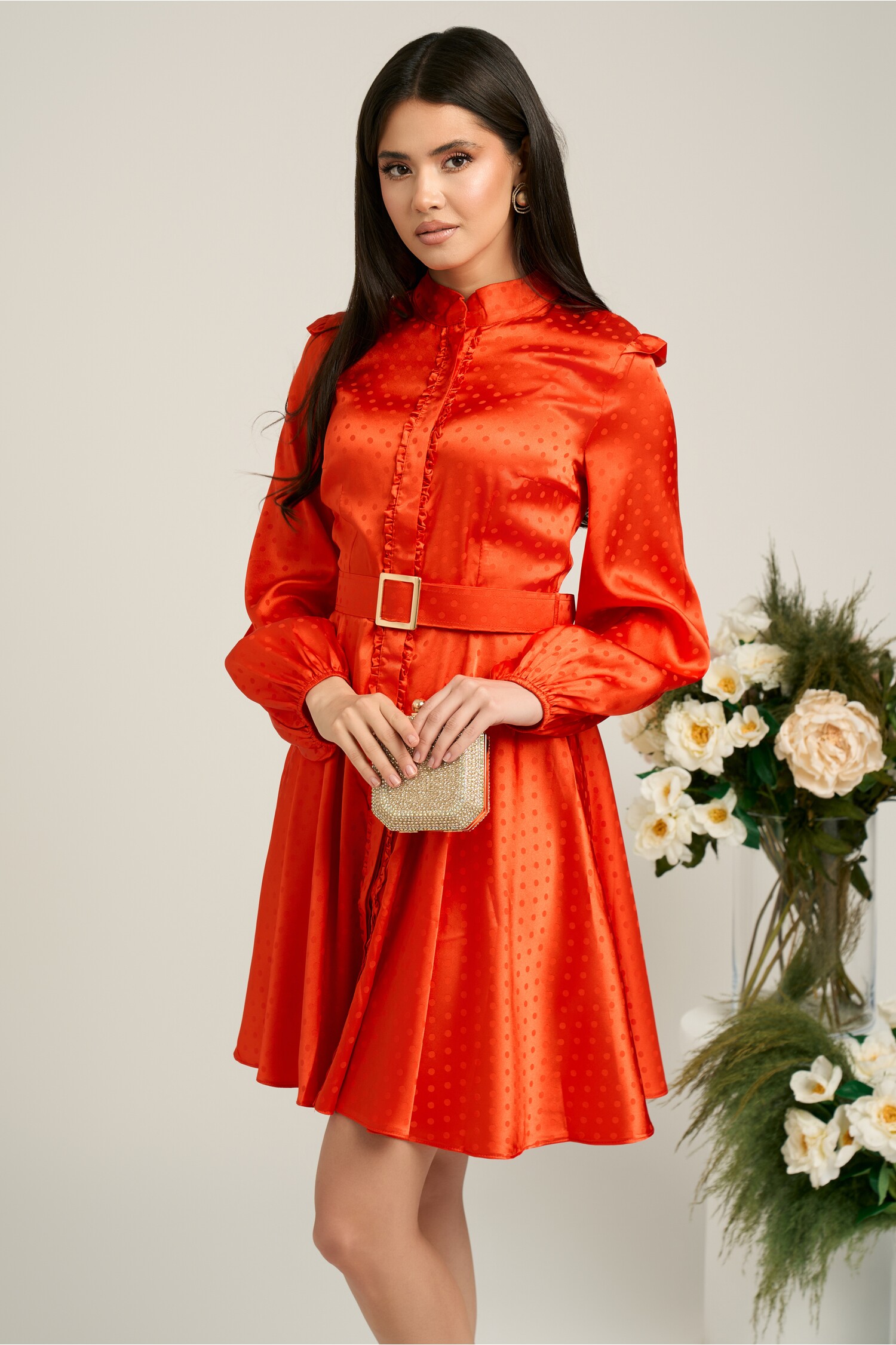 Rochie Dy Fashion Corai cu Buline și Curea Eleganta