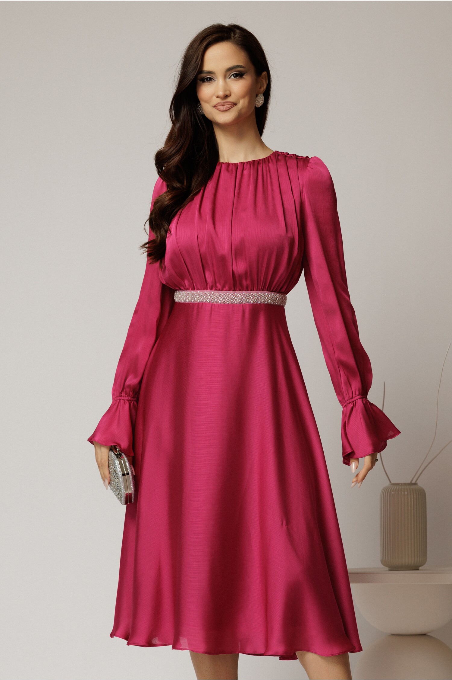 Rochie DY Fashion Magenta Satinat cu Perle