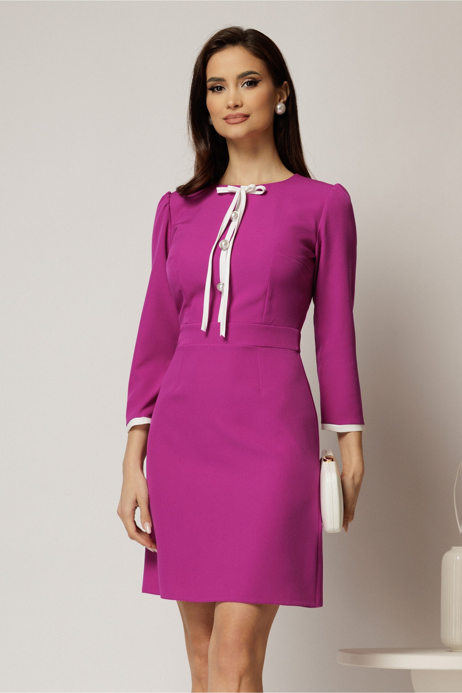 Rochie Magenta Eleganta cu Fundita si Perle