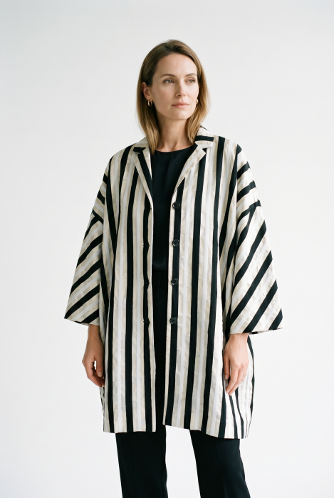Jacheta eleganta tip kimono cu dungi satin, alb negru
