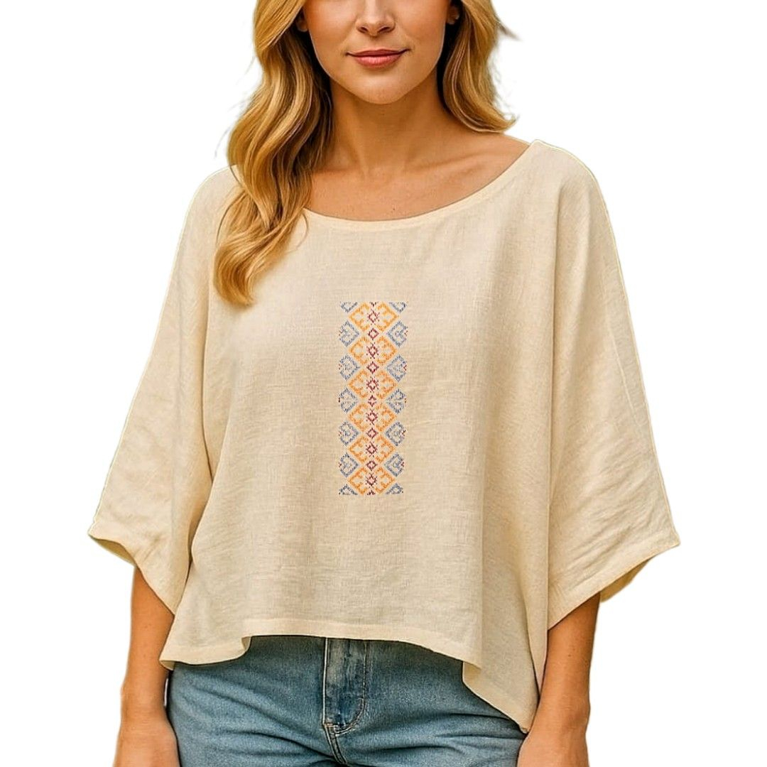 Bluza din bumbac cu broderie inspiratie etno - Coloana bucuriei- Marime unica